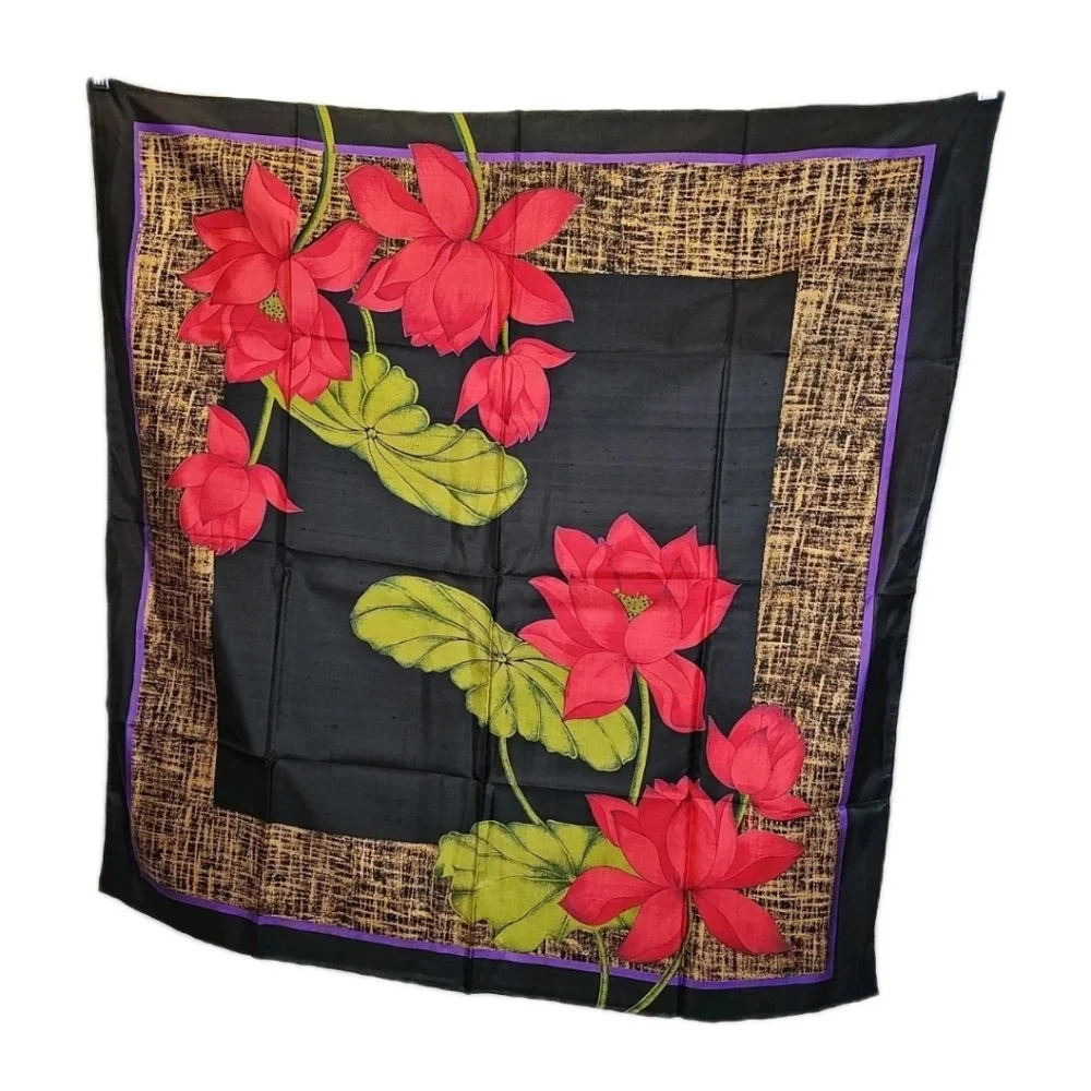 VTG Handmade Thailand Silk Scarf Black Red Lotus Artsy Boho Cottage Granny 34